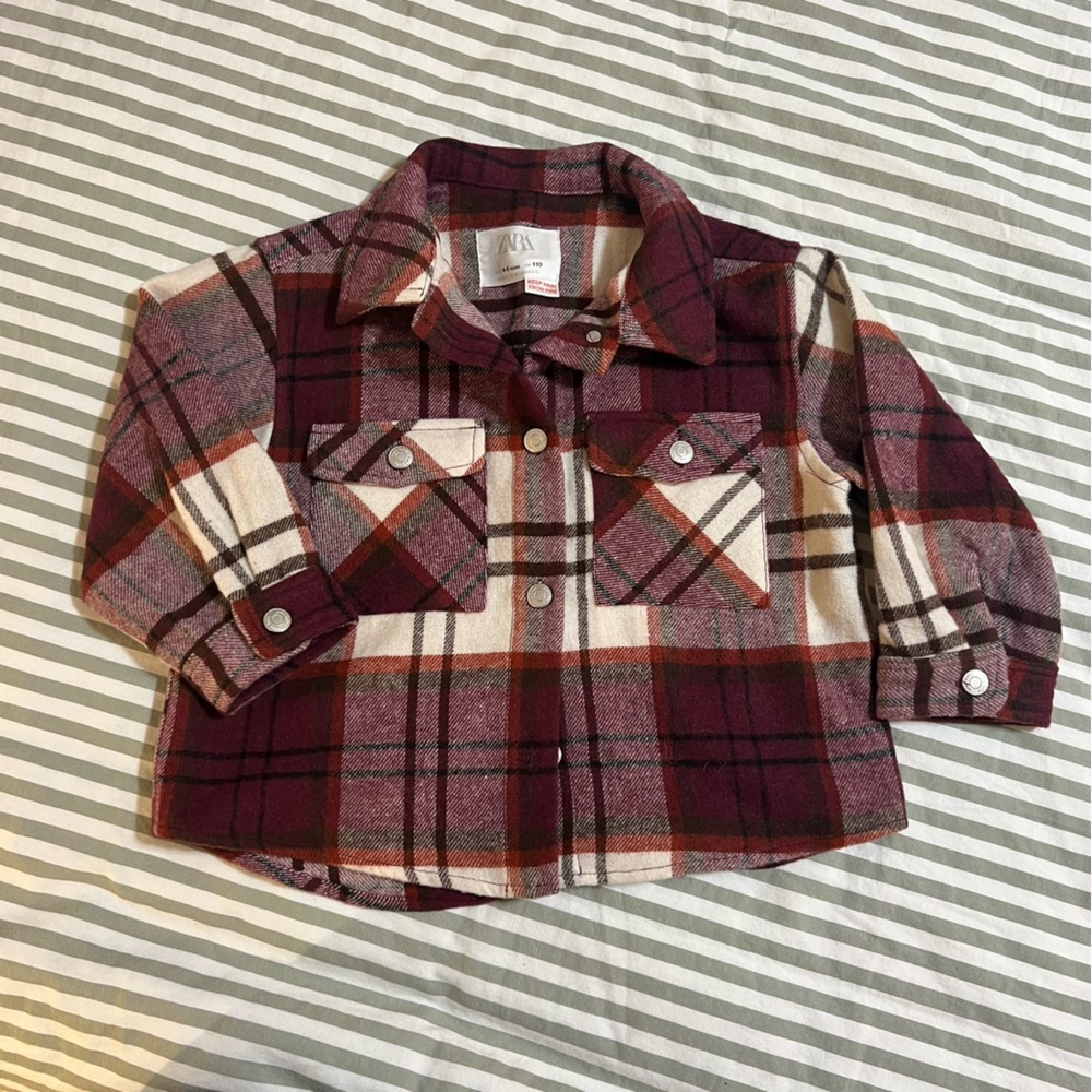 Zara Kids Burgundy and Cream Plaid Button Down Shaket